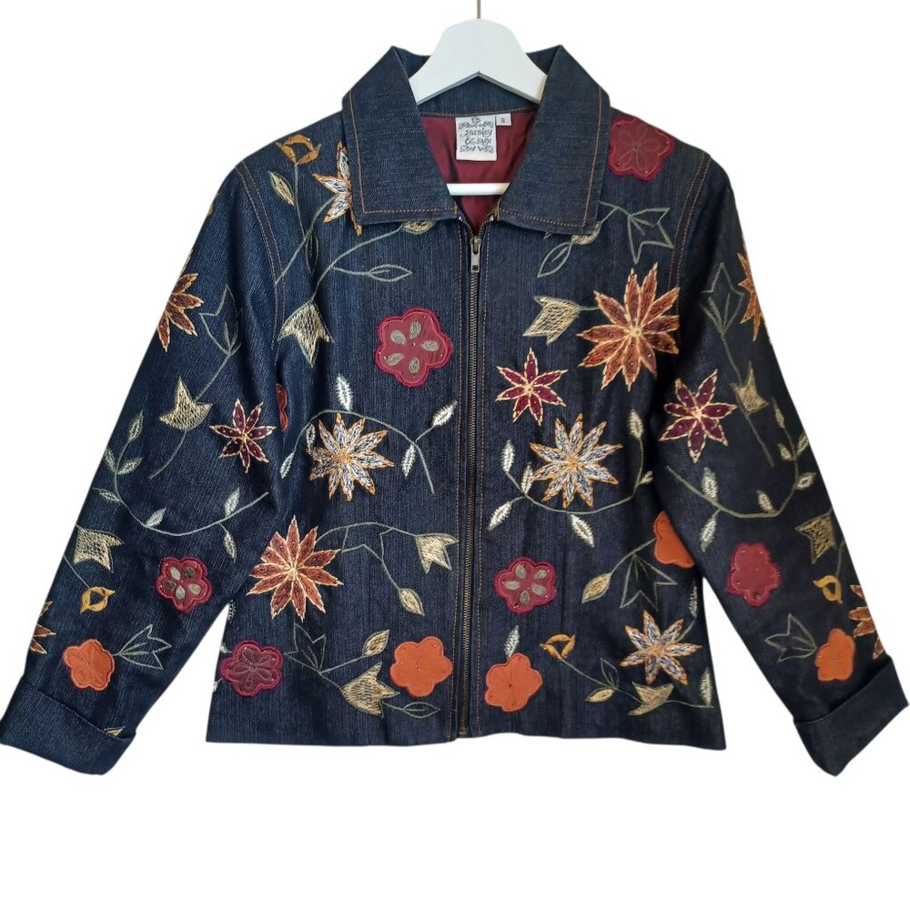 Parsley & Sage Jacket Womens 8 Embroidered‎ Beaded Denim Black Full Zip Lined